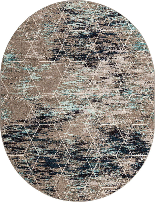 Blue Multicolor 7' 10 x 10' Trellis Frieze Oval Area Rug Geometric Modern Unique Stain Resistant Easy Clean Carpet for Living, Dining, Bedrooms, Office for Sale at Rug Engine