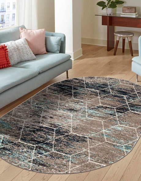Blue Multicolor 3' 1 x 5' 3 Trellis Frieze Oval Area Rug Geometric Modern Unique Stain Resistant Easy Clean Carpet for Living, Dining, Bedrooms, Office for Sale at Rug Engine