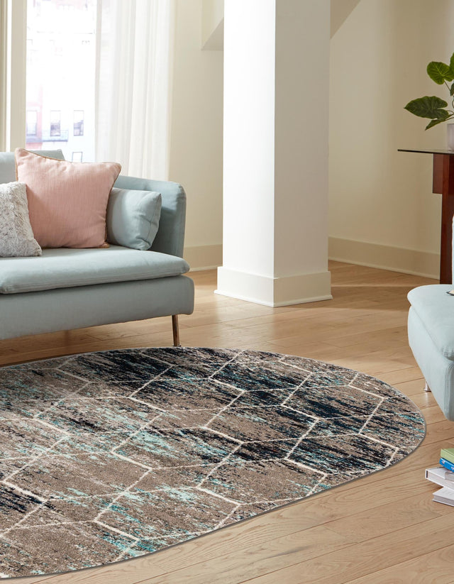 Blue Multicolor 3' 1 x 5' 3 Trellis Frieze Oval Area Rug Geometric Modern Unique Stain Resistant Easy Clean Carpet for Living, Dining, Bedrooms, Office for Sale at Rug Engine