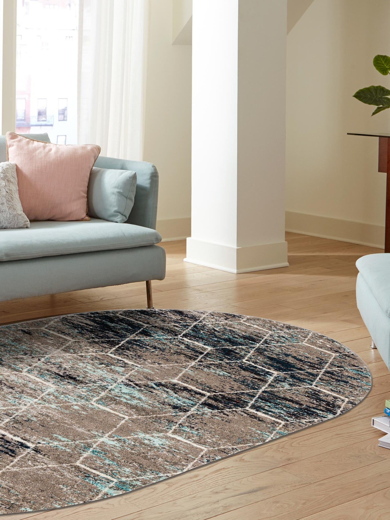 Blue Multicolor 6' 1 x 9' Trellis Frieze Oval Area Rug Geometric Modern Unique Stain Resistant Easy Clean Carpet for Living, Dining, Bedrooms, Office for Sale at Rug Engine