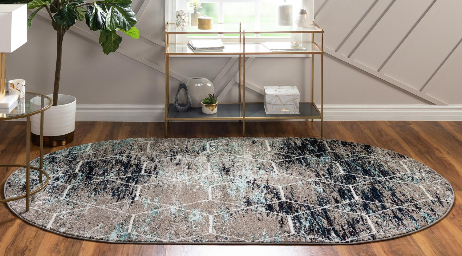 Blue Multicolor 3' 1 x 5' 3 Trellis Frieze Oval Area Rug Geometric Modern Unique Stain Resistant Easy Clean Carpet for Living, Dining, Bedrooms, Office for Sale at Rug Engine