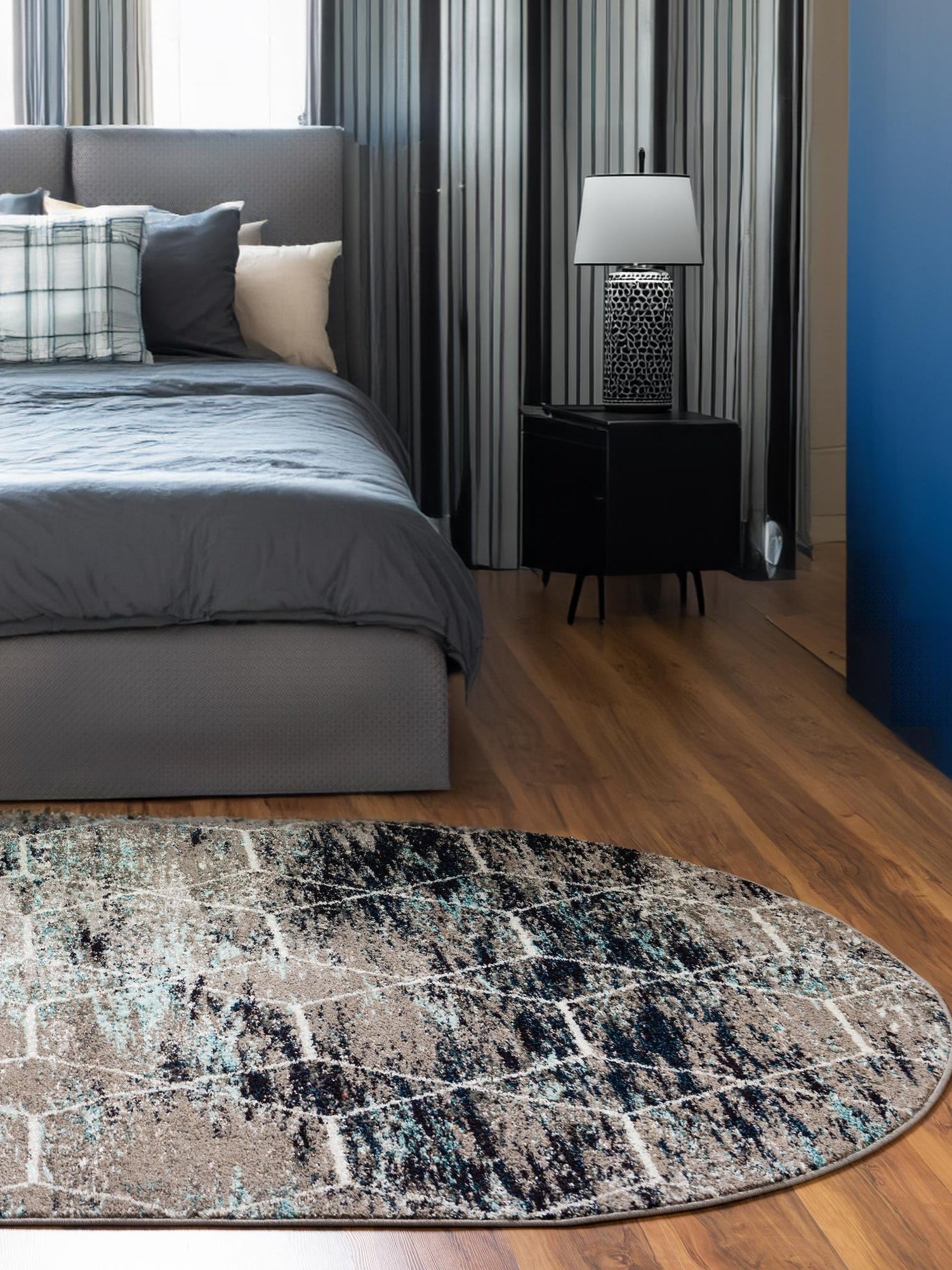 Blue Multicolor 3' 1 x 5' 3 Trellis Frieze Oval Area Rug Geometric Modern Unique Stain Resistant Easy Clean Carpet for Living, Dining, Bedrooms, Office for Sale at Rug Engine