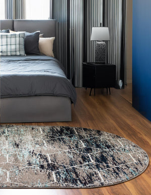 Blue Multicolor 3' 1 x 5' 3 Trellis Frieze Oval Area Rug Geometric Modern Unique Stain Resistant Easy Clean Carpet for Living, Dining, Bedrooms, Office for Sale at Rug Engine