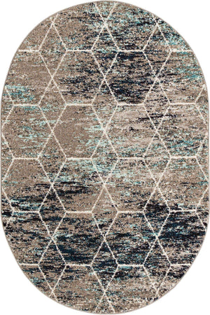 Blue Multicolor 4' 1 x 6' 1 Trellis Frieze Oval Area Rug Geometric Modern Unique Stain Resistant Easy Clean Carpet for Living, Dining, Bedrooms, Office for Sale at Rug Engine