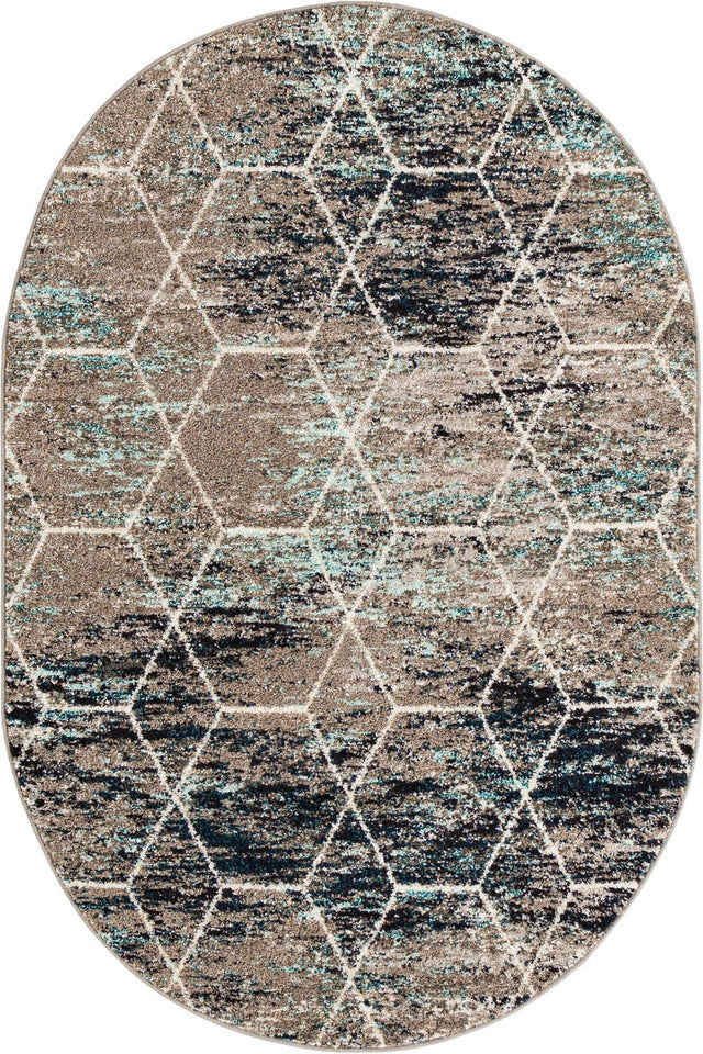 Blue Multicolor 4' 1 x 6' 1 Trellis Frieze Oval Area Rug Geometric Modern Unique Stain Resistant Easy Clean Carpet for Living, Dining, Bedrooms, Office for Sale at Rug Engine
