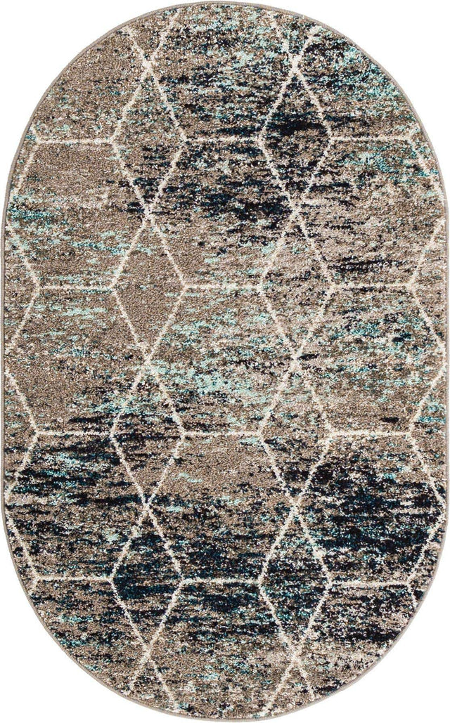Blue Multicolor 3' 1 x 5' 3 Trellis Frieze Oval Area Rug Geometric Modern Unique Stain Resistant Easy Clean Carpet for Living, Dining, Bedrooms, Office for Sale at Rug Engine