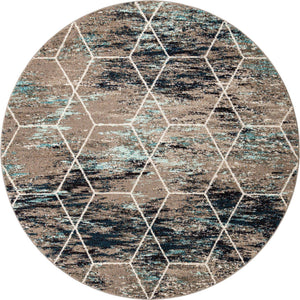 Blue Multicolor 7' 1 x 7' 1 Trellis Frieze Round Area Rug Geometric Modern Unique Stain Resistant Easy Clean Carpet for Living, Dining, Bedrooms, Office for Sale at Rug Engine