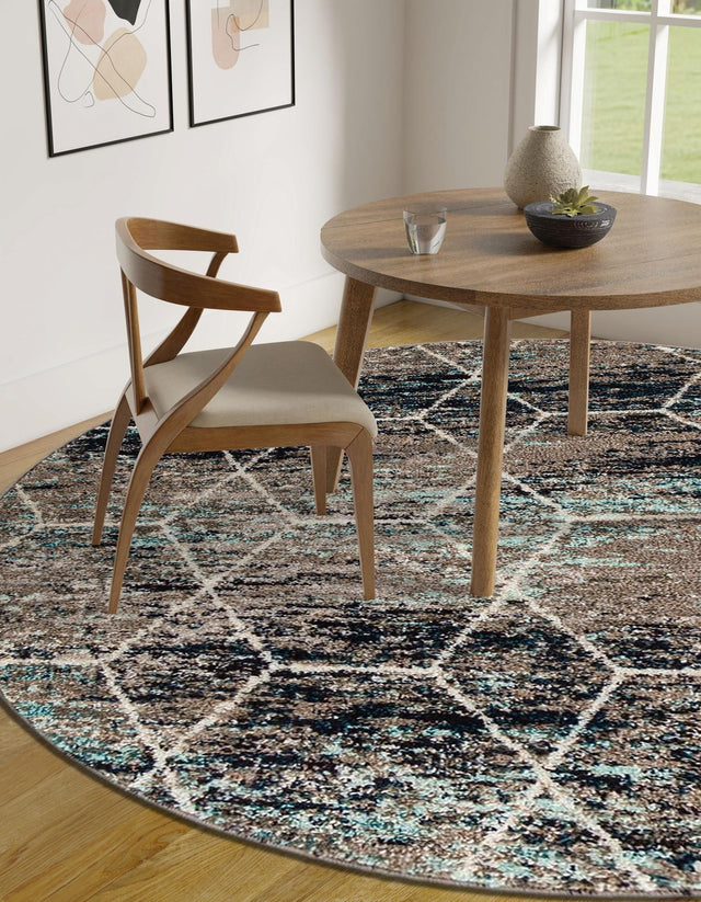 Blue Multicolor 7' 1 x 7' 1 Trellis Frieze Round Area Rug Geometric Modern Unique Stain Resistant Easy Clean Carpet for Living, Dining, Bedrooms, Office for Sale at Rug Engine