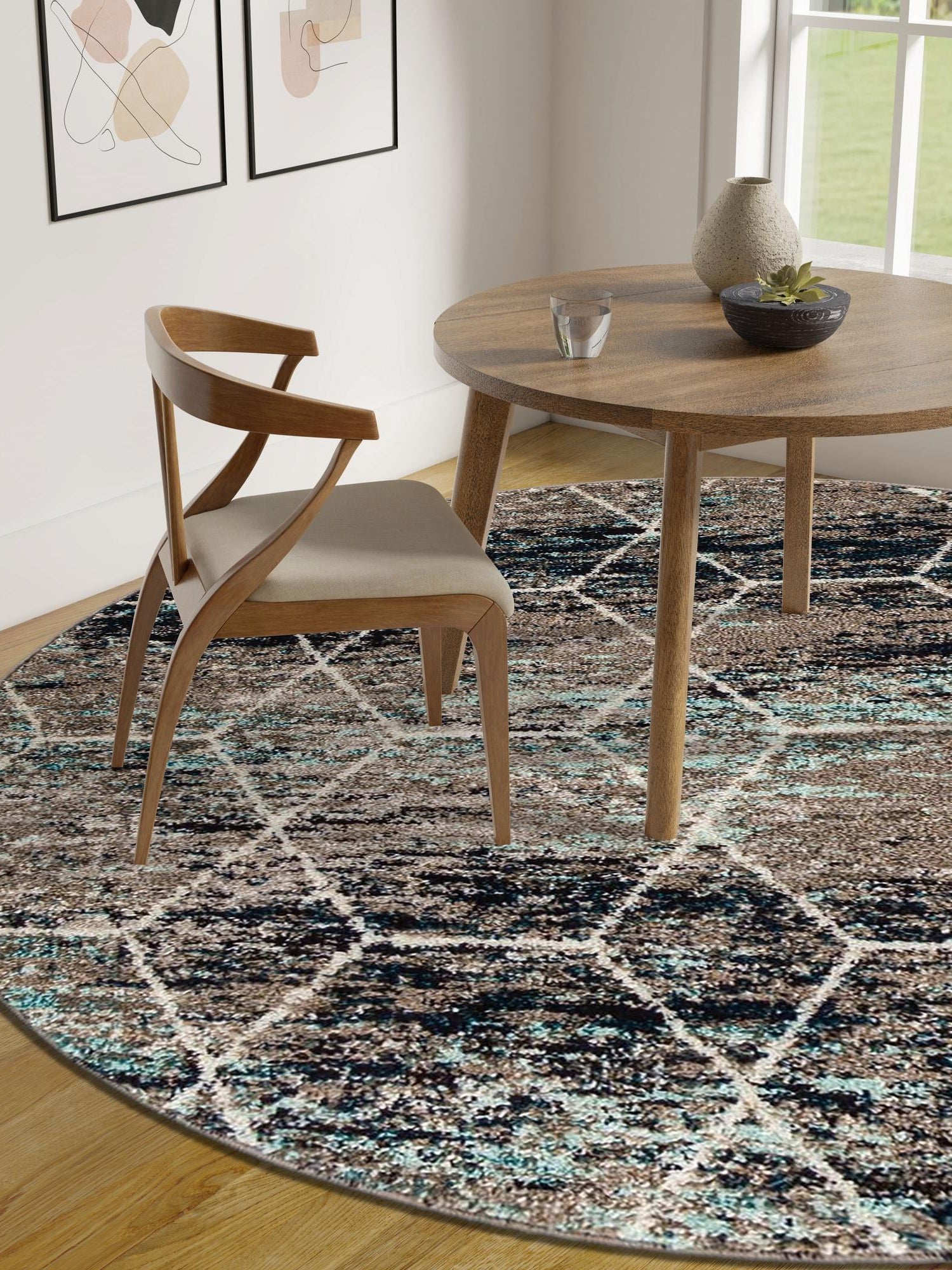 Blue Multicolor 10' x 10' Trellis Frieze Round Area Rug Geometric Modern Unique Stain Resistant Easy Clean Carpet for Living, Dining, Bedrooms, Office for Sale at Rug Engine