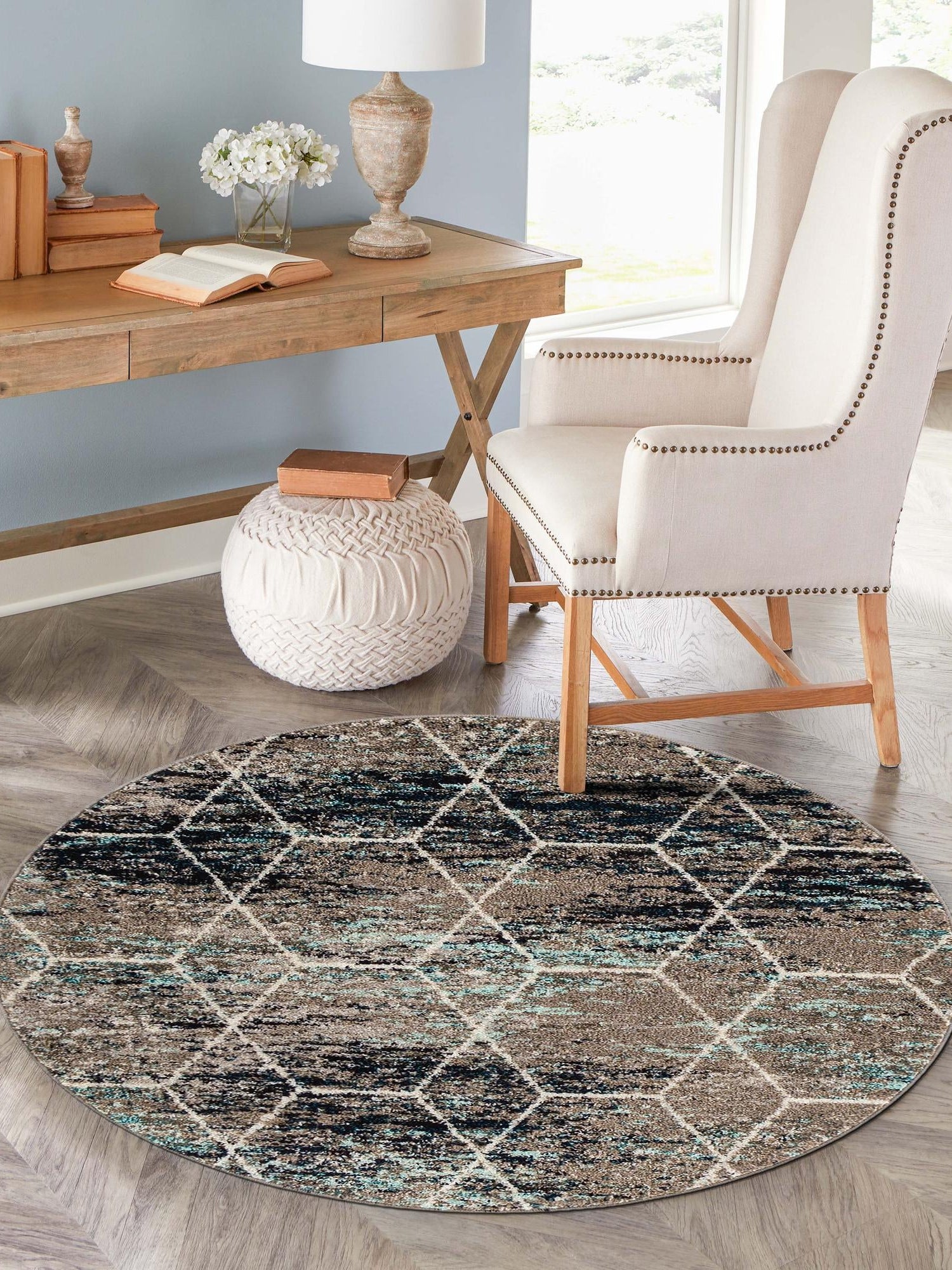 Blue Multicolor 7' 10 x 7' 10 Trellis Frieze Round Area Rug Geometric Modern Unique Stain Resistant Easy Clean Carpet for Living, Dining, Bedrooms, Office for Sale at Rug Engine