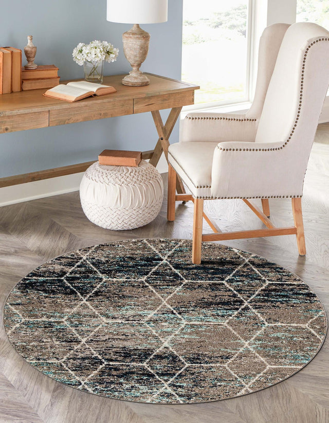 Blue Multicolor 7' 10 x 7' 10 Trellis Frieze Round Area Rug Geometric Modern Unique Stain Resistant Easy Clean Carpet for Living, Dining, Bedrooms, Office for Sale at Rug Engine