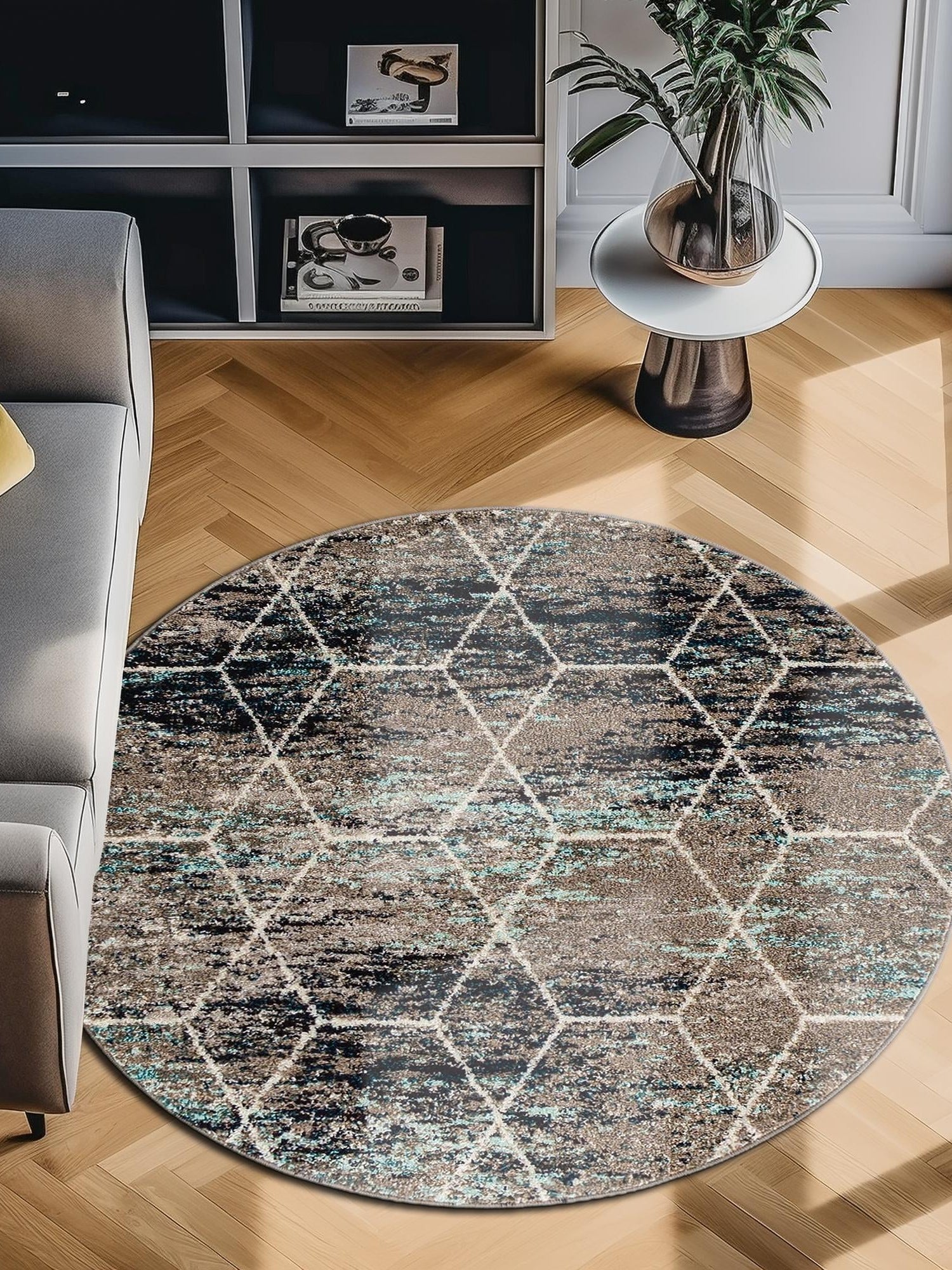 Blue Multicolor 7' 10 x 7' 10 Trellis Frieze Round Area Rug Geometric Modern Unique Stain Resistant Easy Clean Carpet for Living, Dining, Bedrooms, Office for Sale at Rug Engine