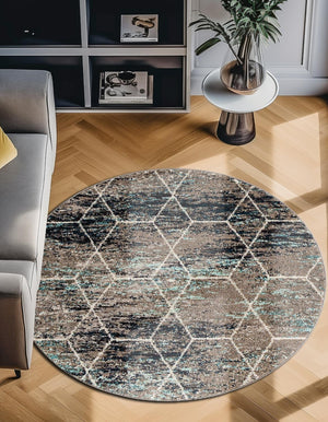 Blue Multicolor 7' 10 x 7' 10 Trellis Frieze Round Area Rug Geometric Modern Unique Stain Resistant Easy Clean Carpet for Living, Dining, Bedrooms, Office for Sale at Rug Engine