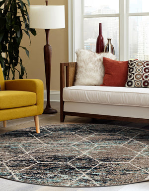 Blue Multicolor 4' 1 x 4' 1 Trellis Frieze Round Area Rug Geometric Modern Unique Stain Resistant Easy Clean Carpet for Living, Dining, Bedrooms, Office for Sale at Rug Engine