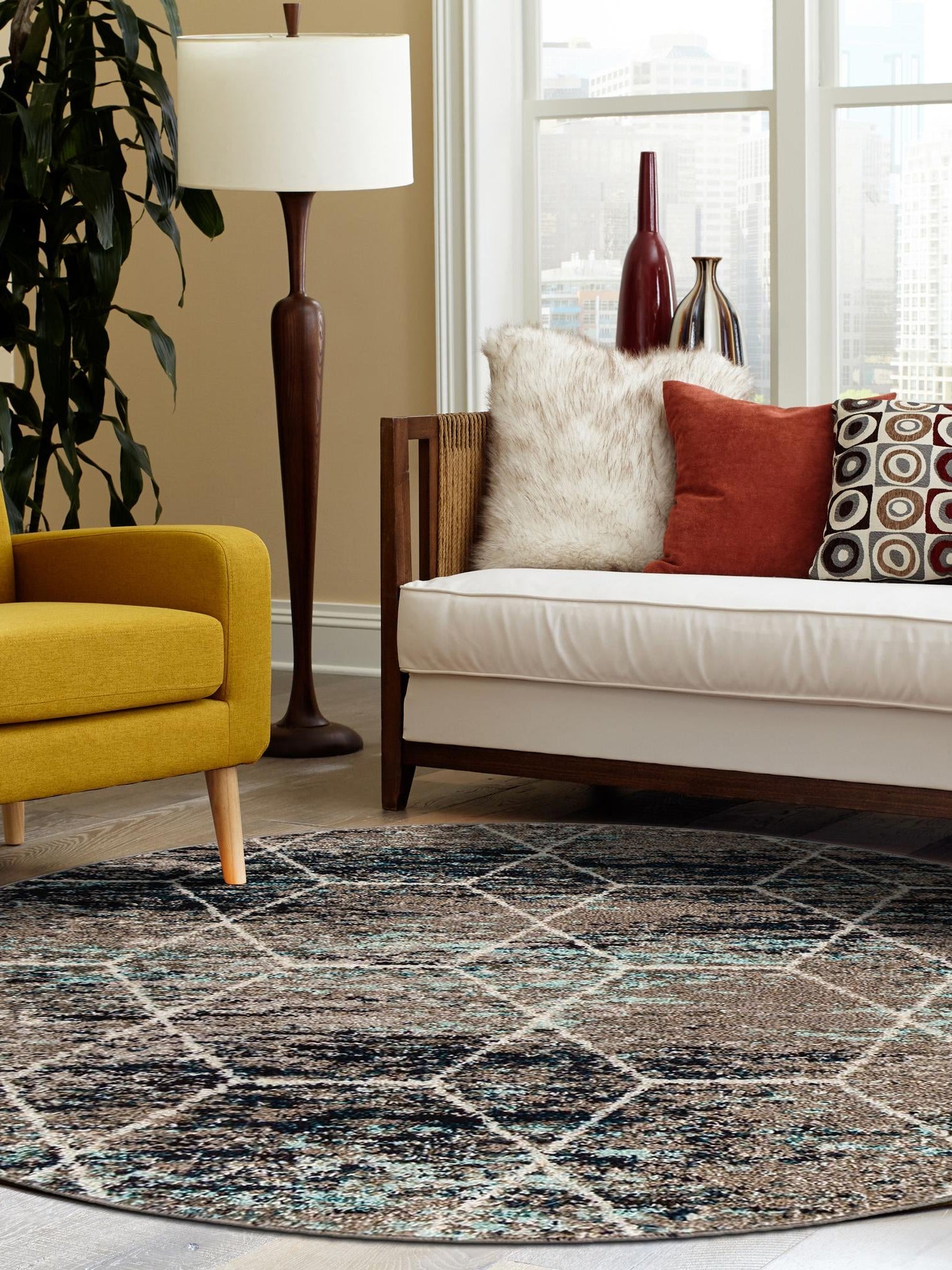 Blue Multicolor 7' 10 x 7' 10 Trellis Frieze Round Area Rug Geometric Modern Unique Stain Resistant Easy Clean Carpet for Living, Dining, Bedrooms, Office for Sale at Rug Engine