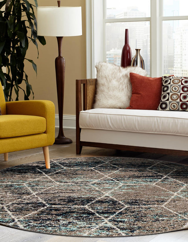 Blue Multicolor 7' 10 x 7' 10 Trellis Frieze Round Area Rug Geometric Modern Unique Stain Resistant Easy Clean Carpet for Living, Dining, Bedrooms, Office for Sale at Rug Engine