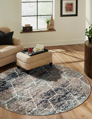 Blue Multicolor 4' 1 x 4' 1 Trellis Frieze Round Area Rug Geometric Modern Unique Stain Resistant Easy Clean Carpet for Living, Dining, Bedrooms, Office for Sale at Rug Engine