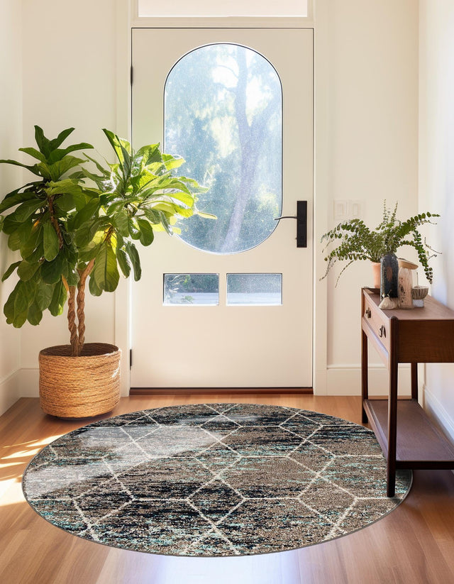 Blue Multicolor 7' 1 x 7' 1 Trellis Frieze Round Area Rug Geometric Modern Unique Stain Resistant Easy Clean Carpet for Living, Dining, Bedrooms, Office for Sale at Rug Engine