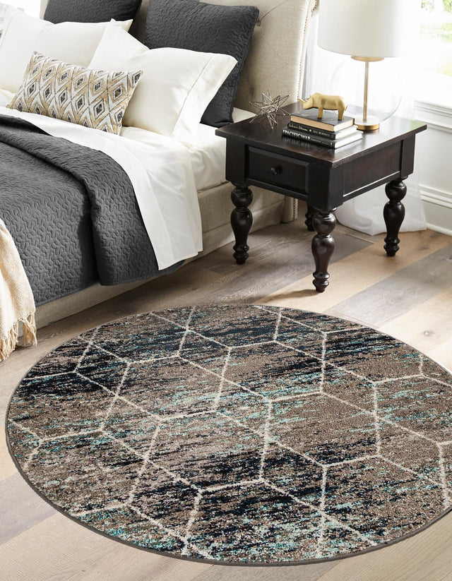 Blue Multicolor 7' 1 x 7' 1 Trellis Frieze Round Area Rug Geometric Modern Unique Stain Resistant Easy Clean Carpet for Living, Dining, Bedrooms, Office for Sale at Rug Engine