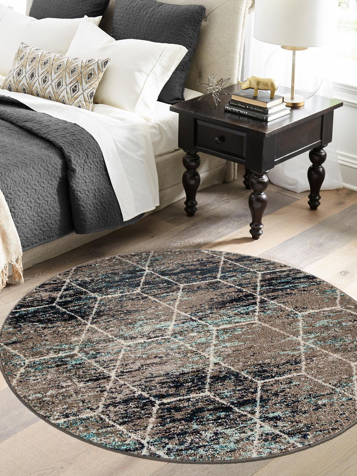 Blue Multicolor 7' 10 x 7' 10 Trellis Frieze Round Area Rug Geometric Modern Unique Stain Resistant Easy Clean Carpet for Living, Dining, Bedrooms, Office for Sale at Rug Engine