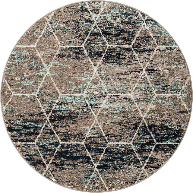 Blue Multicolor 4' 1 x 4' 1 Trellis Frieze Round Area Rug Geometric Modern Unique Stain Resistant Easy Clean Carpet for Living, Dining, Bedrooms, Office for Sale at Rug Engine
