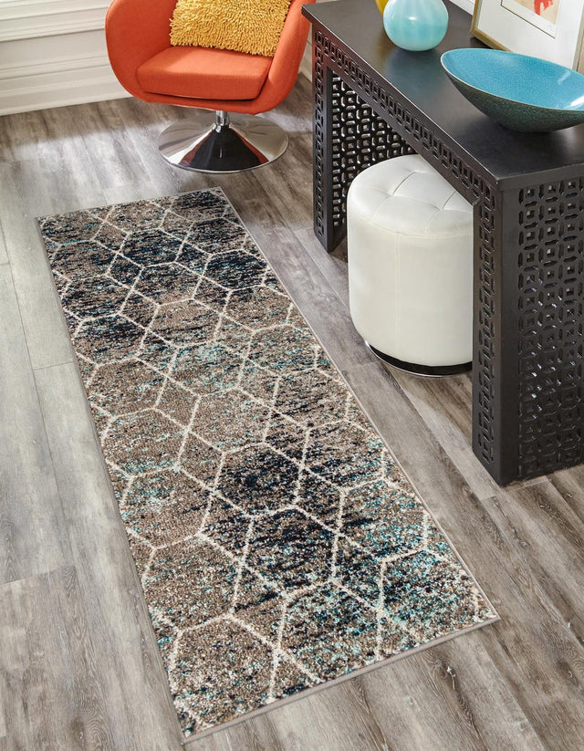 Blue Multicolor 2' x 8' 8 Trellis Frieze Runner Area Rug Geometric Modern Unique Stain Resistant Easy Clean Carpet for Living, Dining, Bedrooms, Office for Sale at Rug Engine