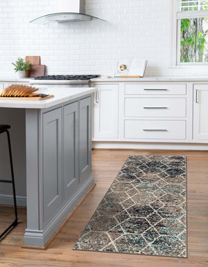 Blue Multicolor 2' x 13' 1 Trellis Frieze Runner Area Rug Geometric Modern Unique Stain Resistant Easy Clean Carpet for Living, Dining, Bedrooms, Office for Sale at Rug Engine
