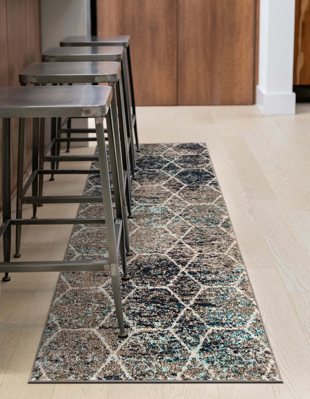 Blue Multicolor 2' 7 x 11' Trellis Frieze Runner Area Rug Geometric Modern Unique Stain Resistant Easy Clean Carpet for Living, Dining, Bedrooms, Office for Sale at Rug Engine