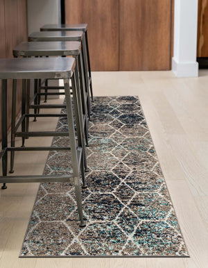 Blue Multicolor 2' x 4' 1 Trellis Frieze Runner Area Rug Geometric Modern Unique Stain Resistant Easy Clean Carpet for Living, Dining, Bedrooms, Office for Sale at Rug Engine
