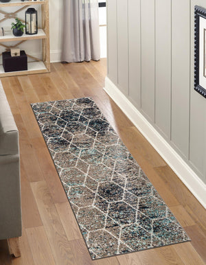 Blue Multicolor 2' x 5' 1 Trellis Frieze Runner Area Rug Geometric Modern Unique Stain Resistant Easy Clean Carpet for Living, Dining, Bedrooms, Office for Sale at Rug Engine