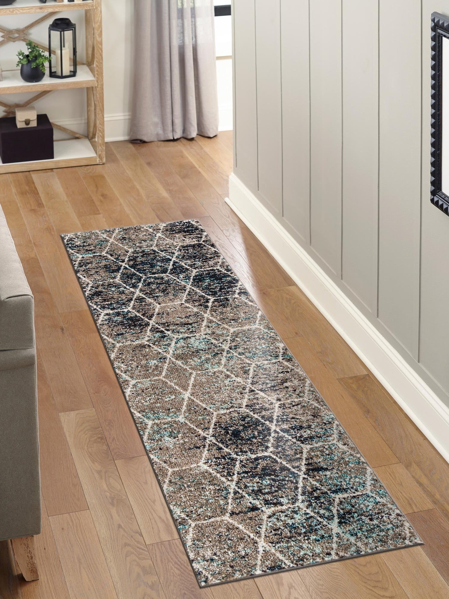 Blue Multicolor 2' x 6' 1 Trellis Frieze Runner Area Rug Geometric Modern Unique Stain Resistant Easy Clean Carpet for Living, Dining, Bedrooms, Office for Sale at Rug Engine
