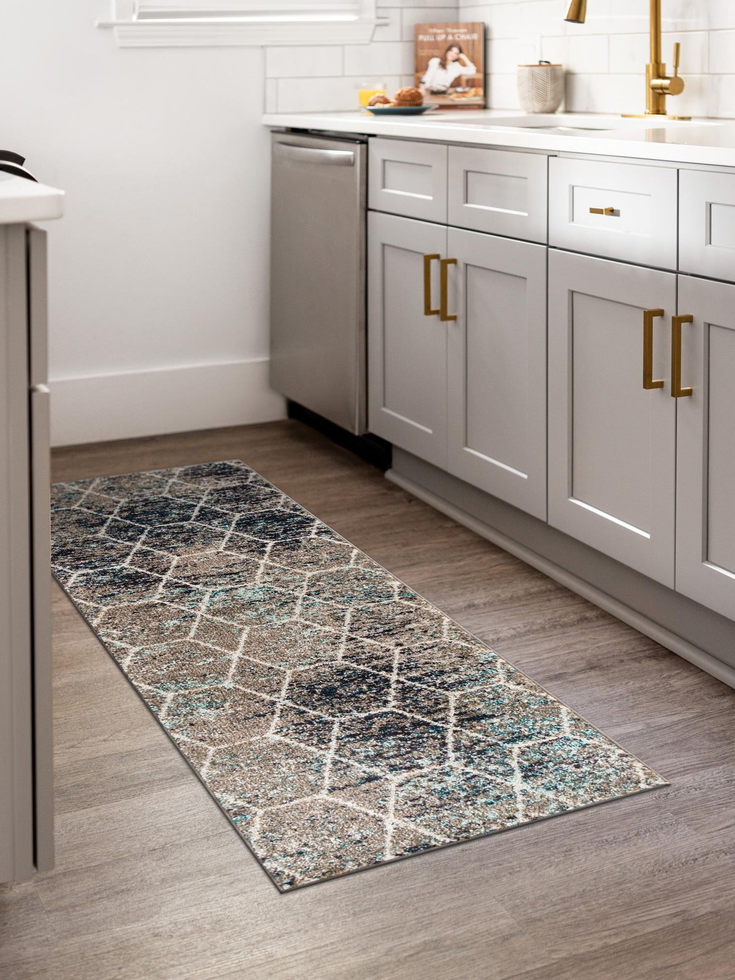 Blue Multicolor 2' x 13' 1 Trellis Frieze Runner Area Rug Geometric Modern Unique Stain Resistant Easy Clean Carpet for Living, Dining, Bedrooms, Office for Sale at Rug Engine