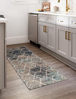 Blue Multicolor 2' x 13' 1 Trellis Frieze Runner Area Rug Geometric Modern Unique Stain Resistant Easy Clean Carpet for Living, Dining, Bedrooms, Office for Sale at Rug Engine