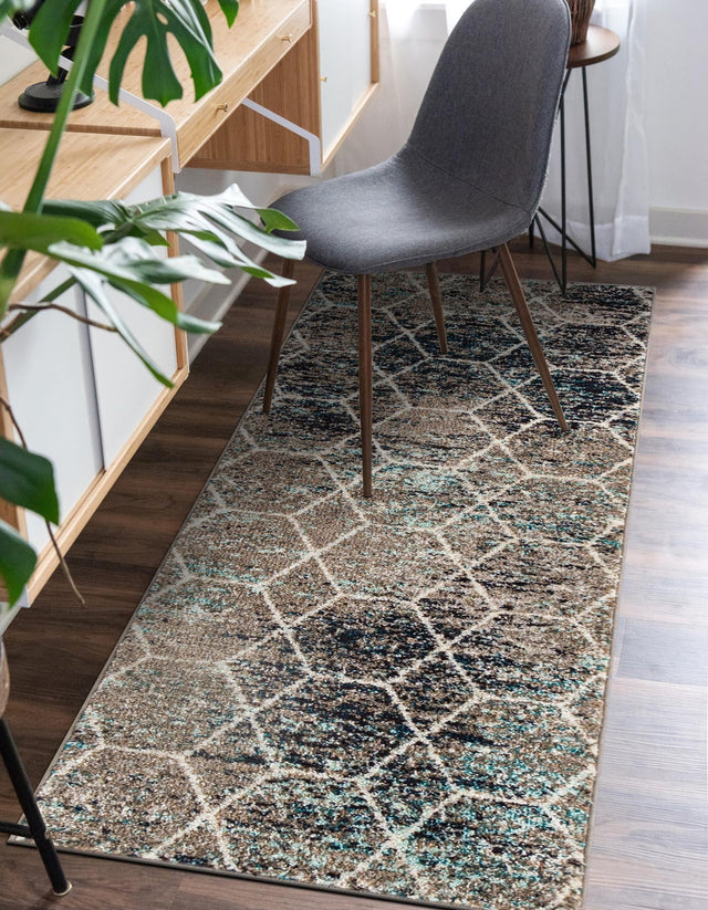 Blue Multicolor 2' x 5' 1 Trellis Frieze Runner Area Rug Geometric Modern Unique Stain Resistant Easy Clean Carpet for Living, Dining, Bedrooms, Office for Sale at Rug Engine