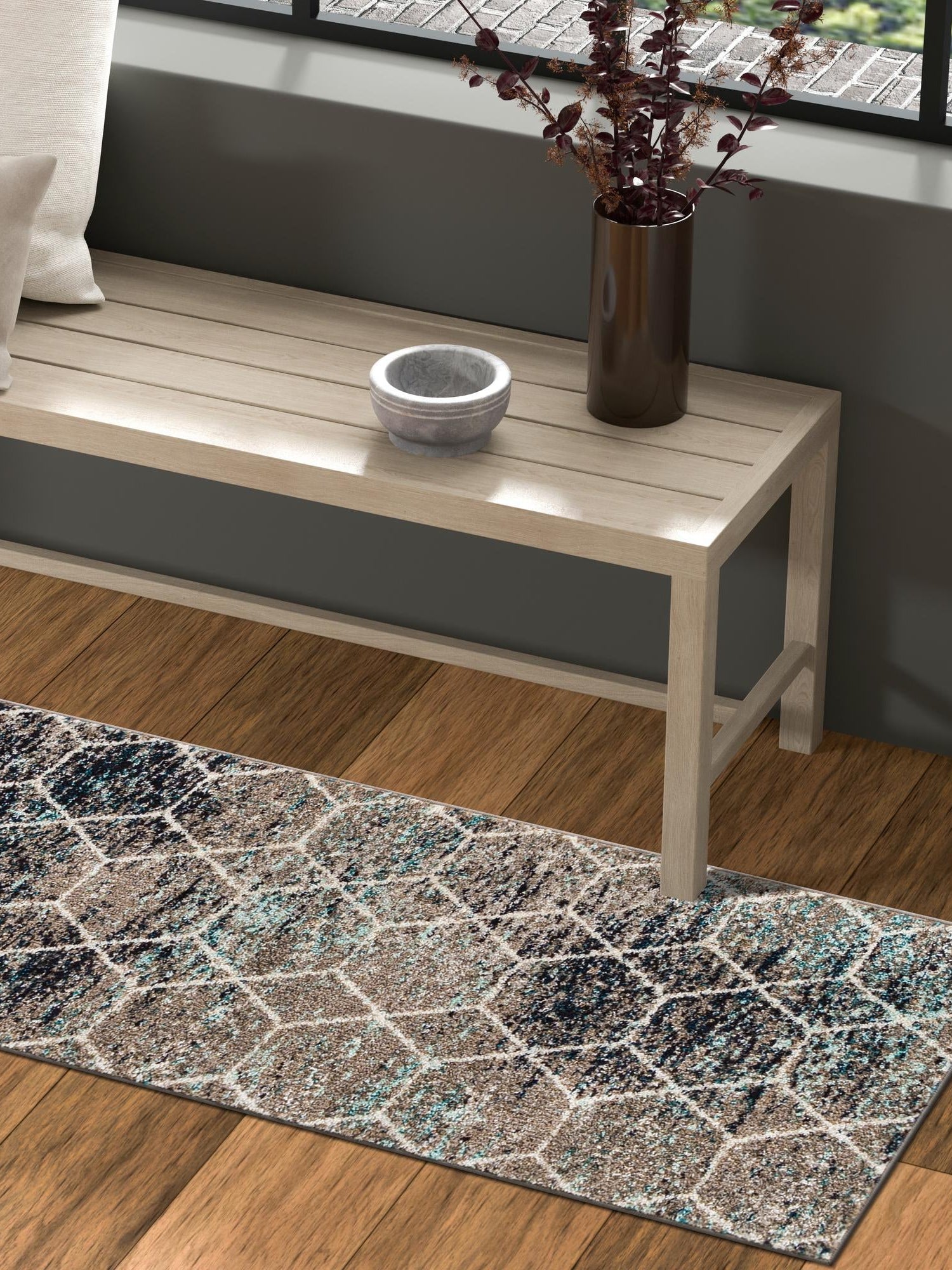 Blue Multicolor 2' x 4' 1 Trellis Frieze Runner Area Rug Geometric Modern Unique Stain Resistant Easy Clean Carpet for Living, Dining, Bedrooms, Office for Sale at Rug Engine