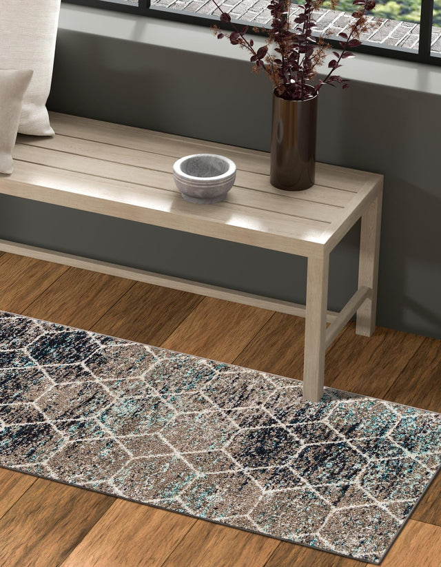 Blue Multicolor 2' x 4' 1 Trellis Frieze Runner Area Rug Geometric Modern Unique Stain Resistant Easy Clean Carpet for Living, Dining, Bedrooms, Office for Sale at Rug Engine