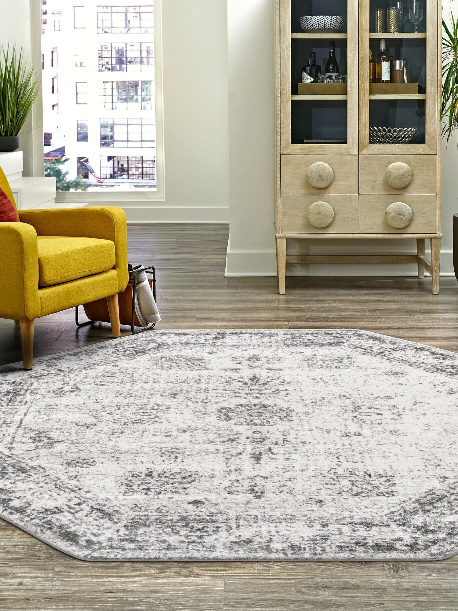 Gray 4' 1 x 4' 1 Sofia Octagon Area Rug Durable Easy Clean Stain Resistant Unique Carpet for Affordable Interior Home Design for Sale at Rug Engine