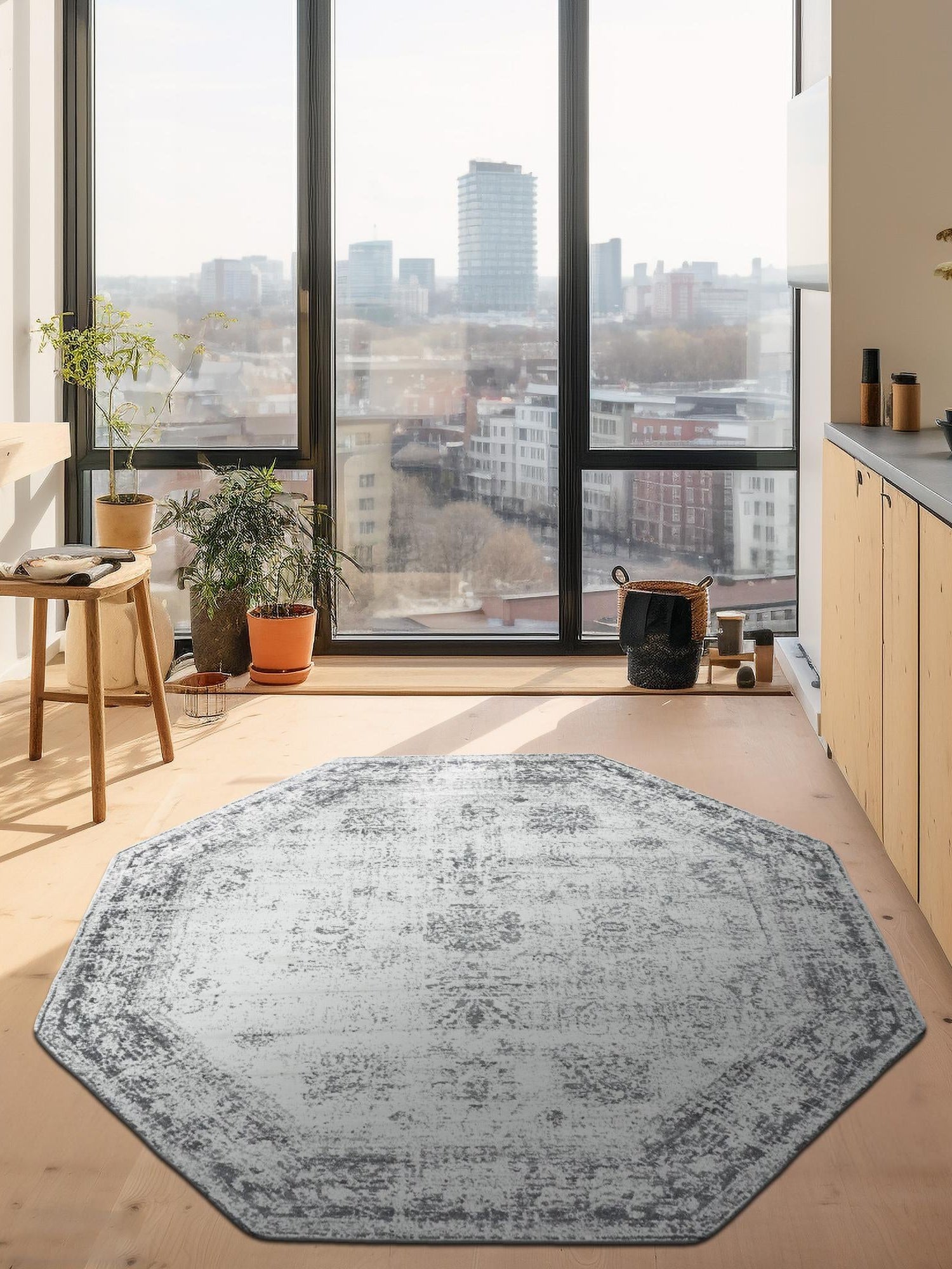 Gray 5' 3 x 5' 3 Sofia Octagon Area Rug Durable Easy Clean Stain Resistant Unique Carpet for Affordable Interior Home Design for Sale at Rug Engine