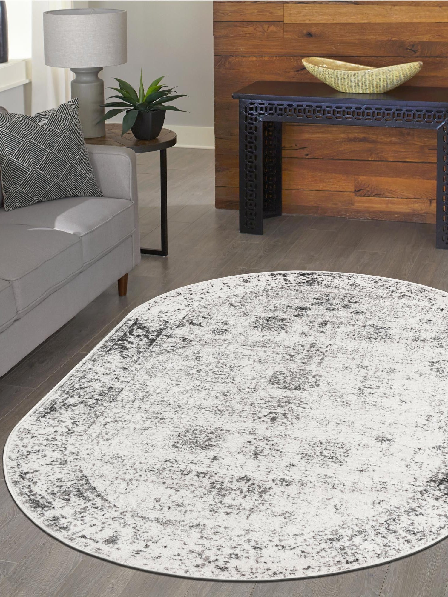 Gray 7' 10 x 10' Sofia Oval Area Rug Durable Easy Clean Stain Resistant Unique Carpet for Affordable Interior Home Design for Sale at Rug Engine