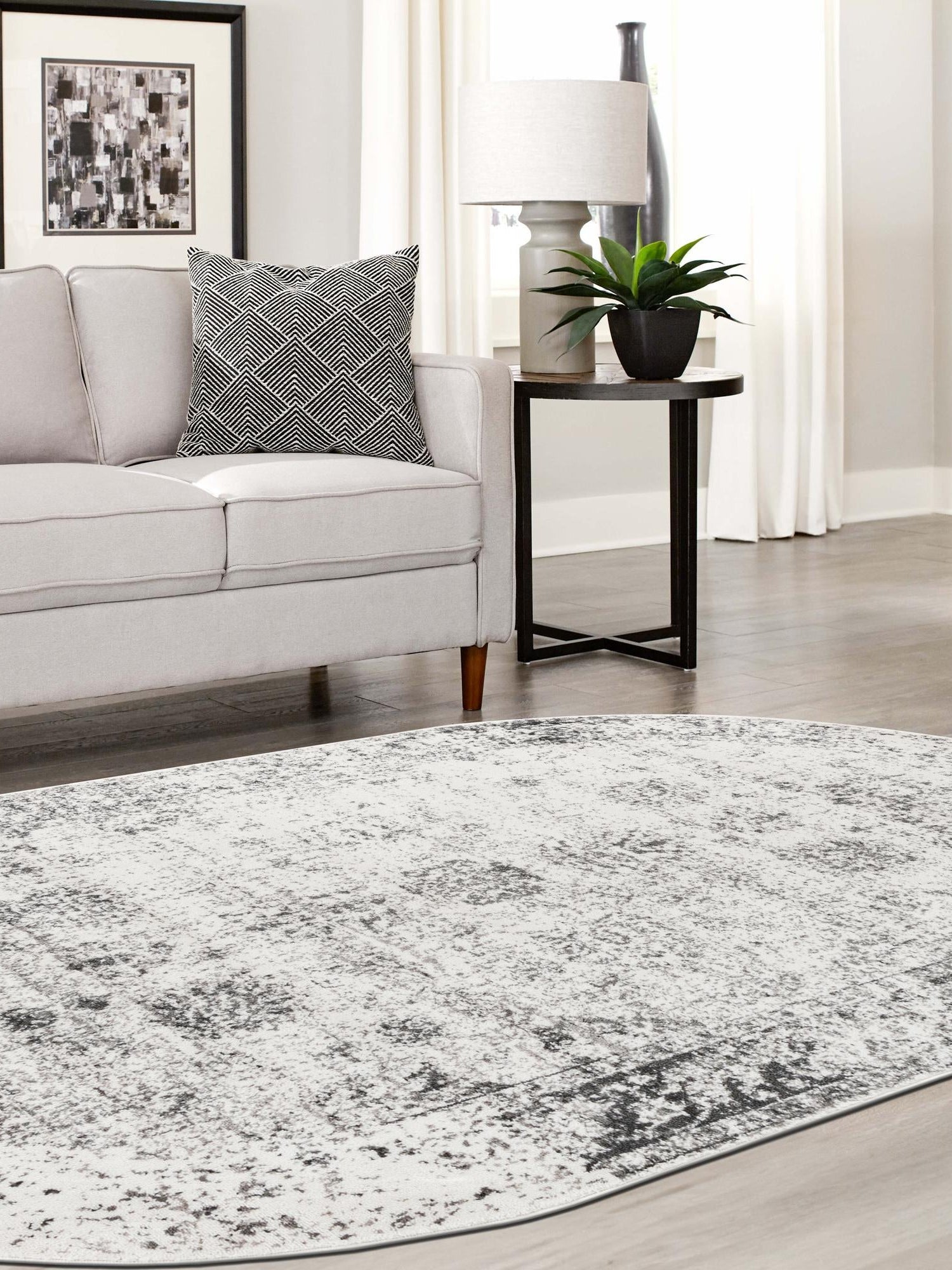 Gray 7' 10 x 10' Sofia Oval Area Rug Durable Easy Clean Stain Resistant Unique Carpet for Affordable Interior Home Design for Sale at Rug Engine