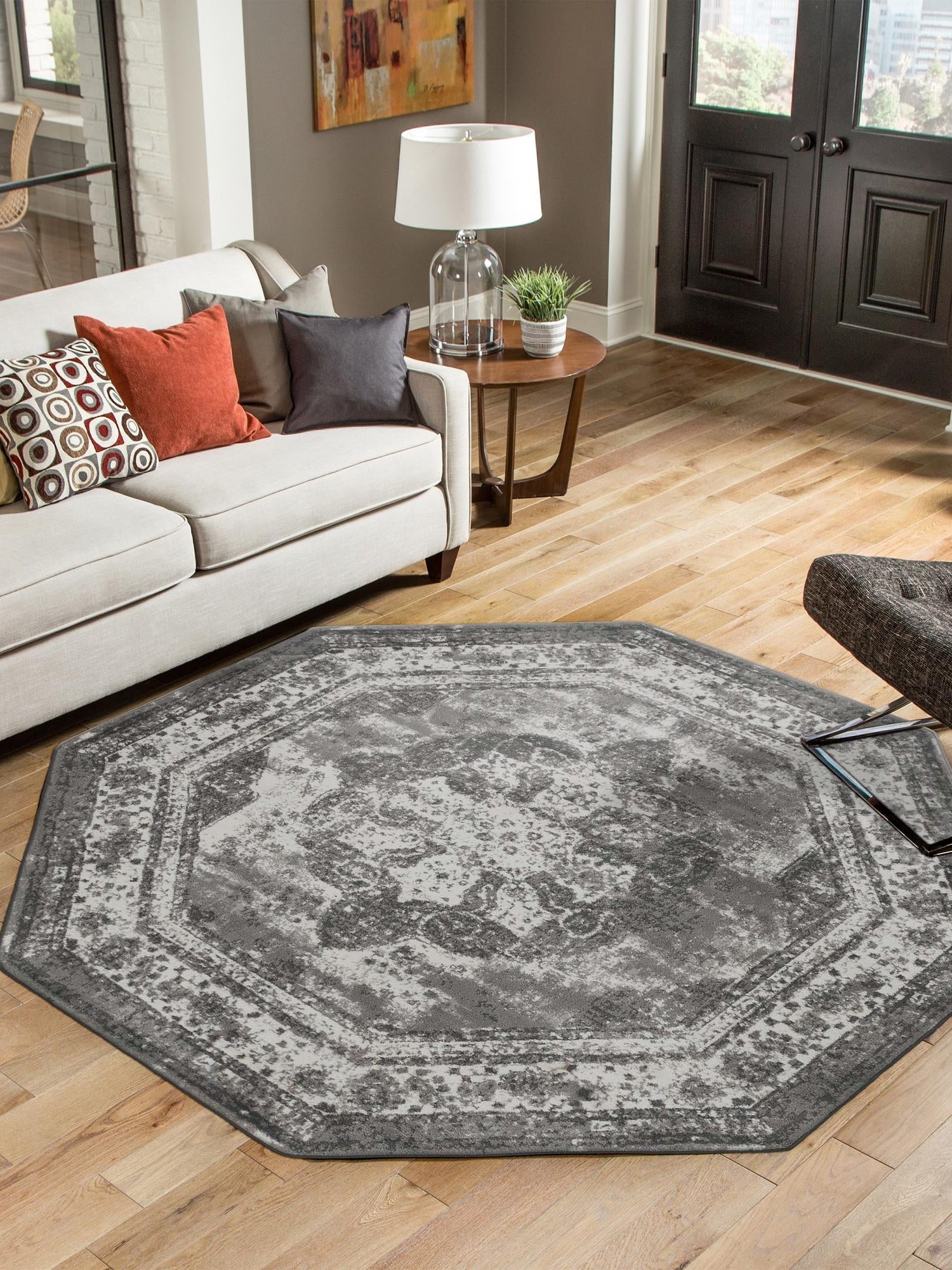 Gray 7' 10 x 7' 10 Sofia Octagon Area Rug Durable Easy Clean Stain Resistant Unique Carpet for Affordable Interior Home Design for Sale at Rug Engine