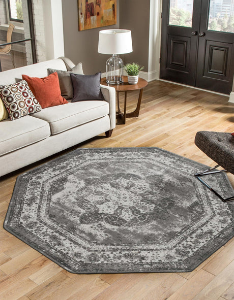 Gray 7' 10 x 7' 10 Sofia Octagon Area Rug Durable Easy Clean Stain Resistant Unique Carpet for Affordable Interior Home Design for Sale at Rug Engine