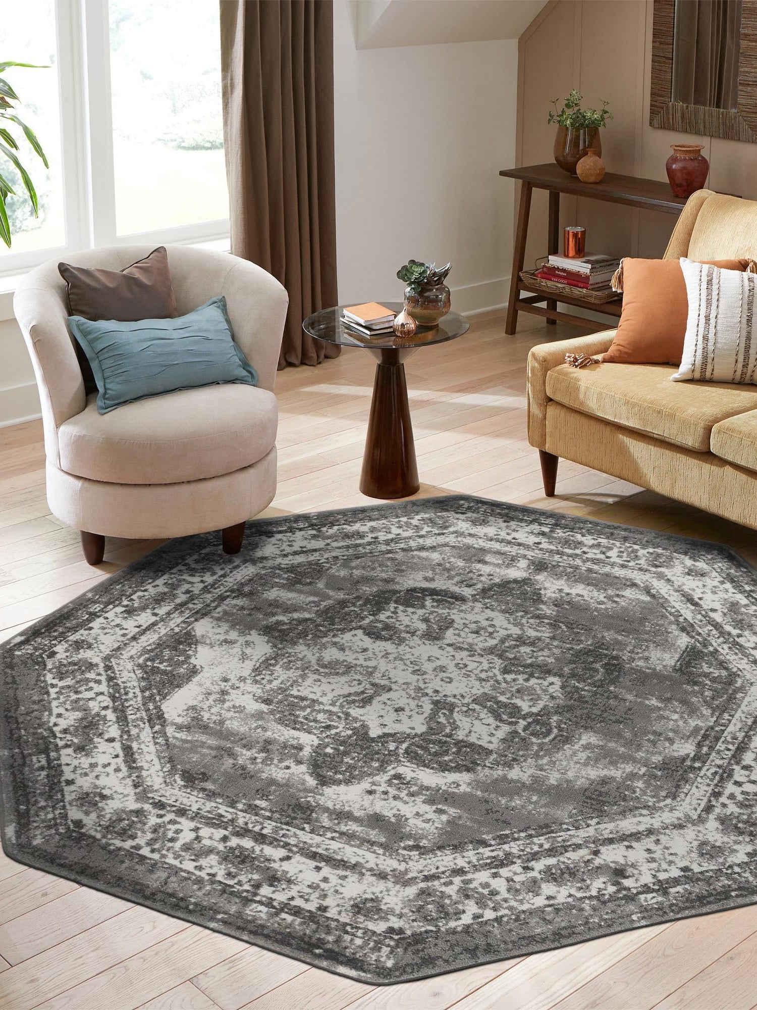 Gray 7' 10 x 7' 10 Sofia Octagon Area Rug Durable Easy Clean Stain Resistant Unique Carpet for Affordable Interior Home Design for Sale at Rug Engine