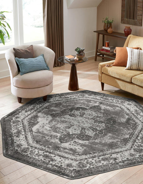 Gray 7' 10 x 7' 10 Sofia Octagon Area Rug Durable Easy Clean Stain Resistant Unique Carpet for Affordable Interior Home Design for Sale at Rug Engine