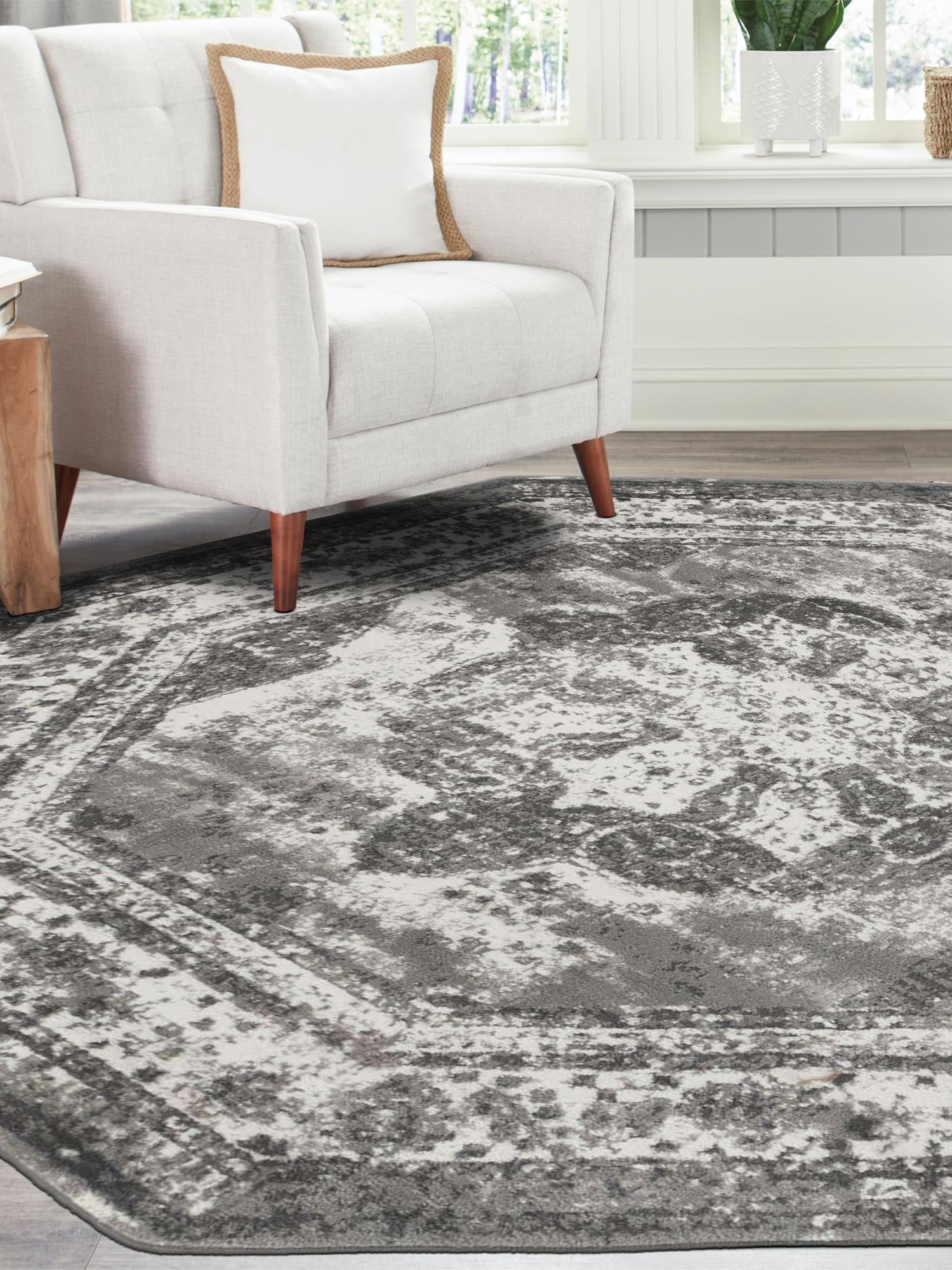Gray 4' 1 x 4' 1 Sofia Octagon Area Rug Durable Easy Clean Stain Resistant Unique Carpet for Affordable Interior Home Design for Sale at Rug Engine