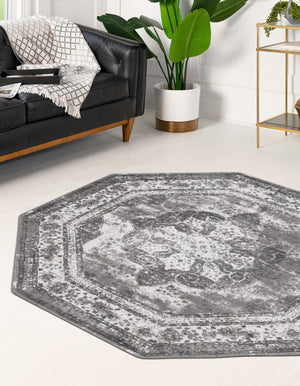 Gray 5' 3 x 5' 3 Sofia Octagon Area Rug Durable Easy Clean Stain Resistant Unique Carpet for Affordable Interior Home Design for Sale at Rug Engine