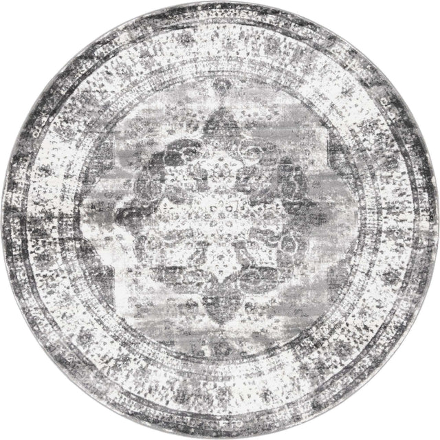 Gray 7' 10 x 7' 10 Sofia Round Area Rug Durable Easy Clean Stain Resistant Unique Carpet for Affordable Interior Home Design for Sale at Rug Engine