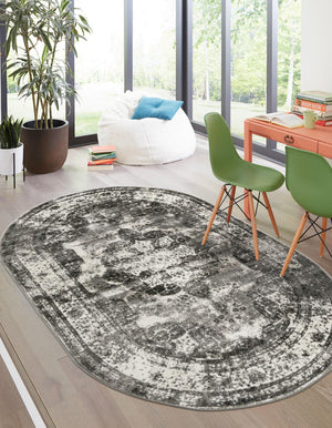 Gray 4' 1 x 6' 1 Sofia Oval Area Rug Durable Easy Clean Stain Resistant Unique Carpet for Affordable Interior Home Design for Sale at Rug Engine
