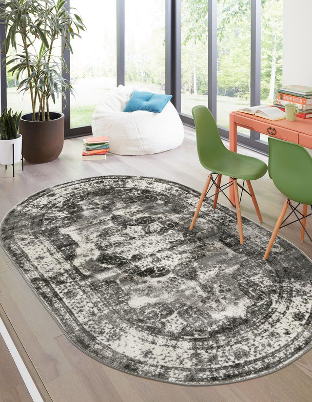 Gray 4' 1 x 6' 1 Sofia Oval Area Rug Durable Easy Clean Stain Resistant Unique Carpet for Affordable Interior Home Design for Sale at Rug Engine