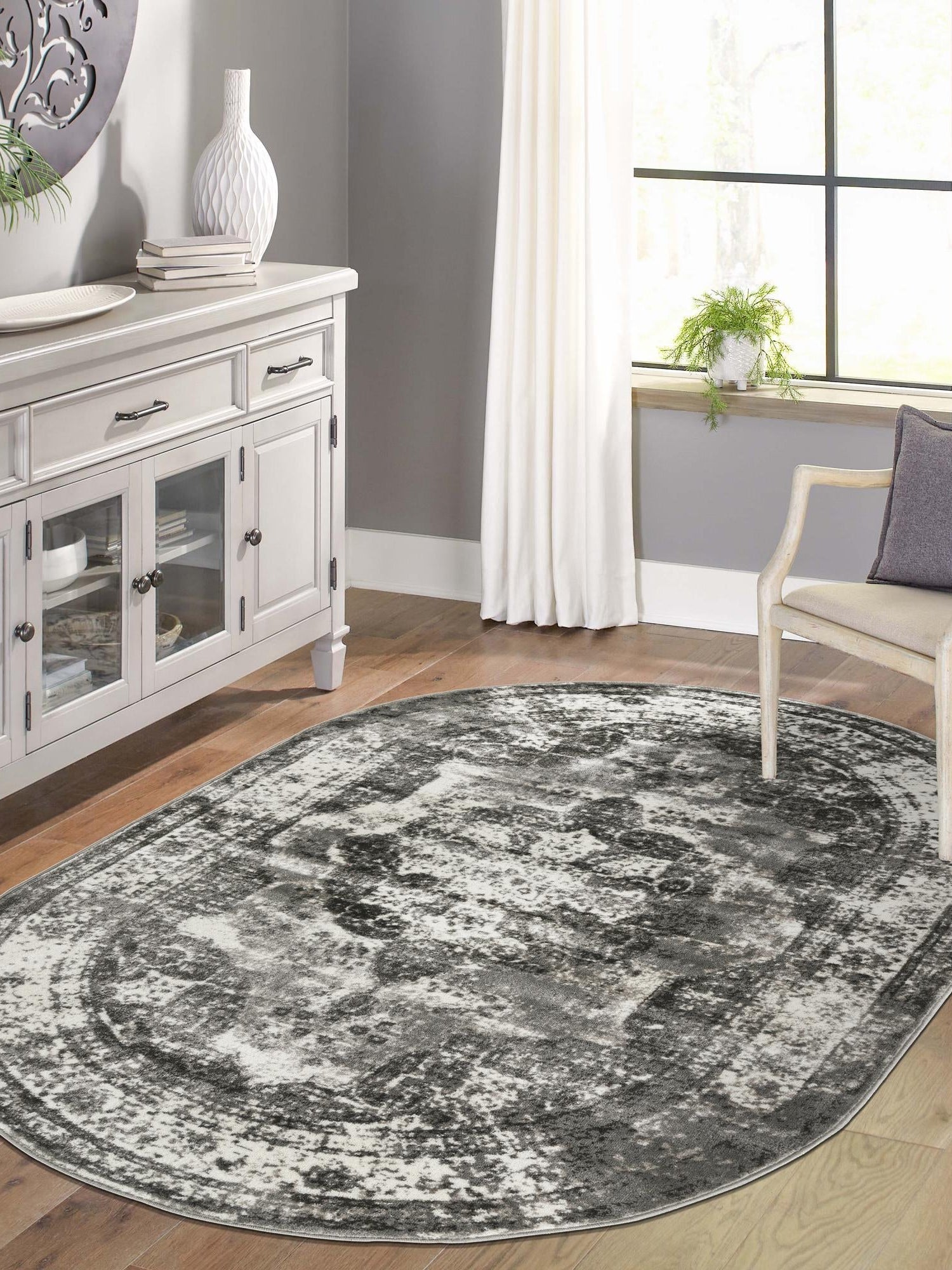 Gray 4' 1 x 6' 1 Sofia Oval Area Rug Durable Easy Clean Stain Resistant Unique Carpet for Affordable Interior Home Design for Sale at Rug Engine